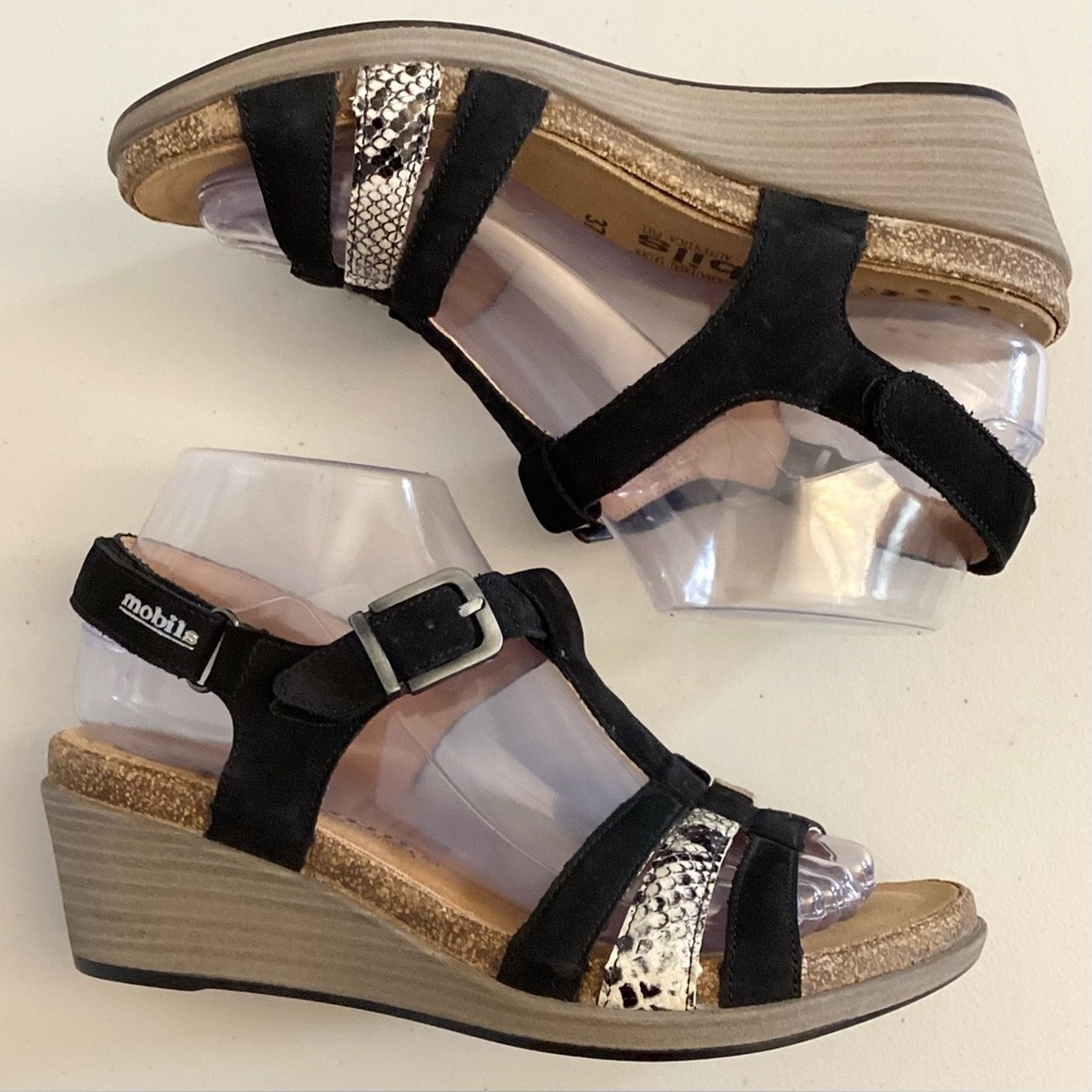 Mephisto 37 (US 7) Cork Sandals Womens Wedges Black Leather Snakeskin Adjustable